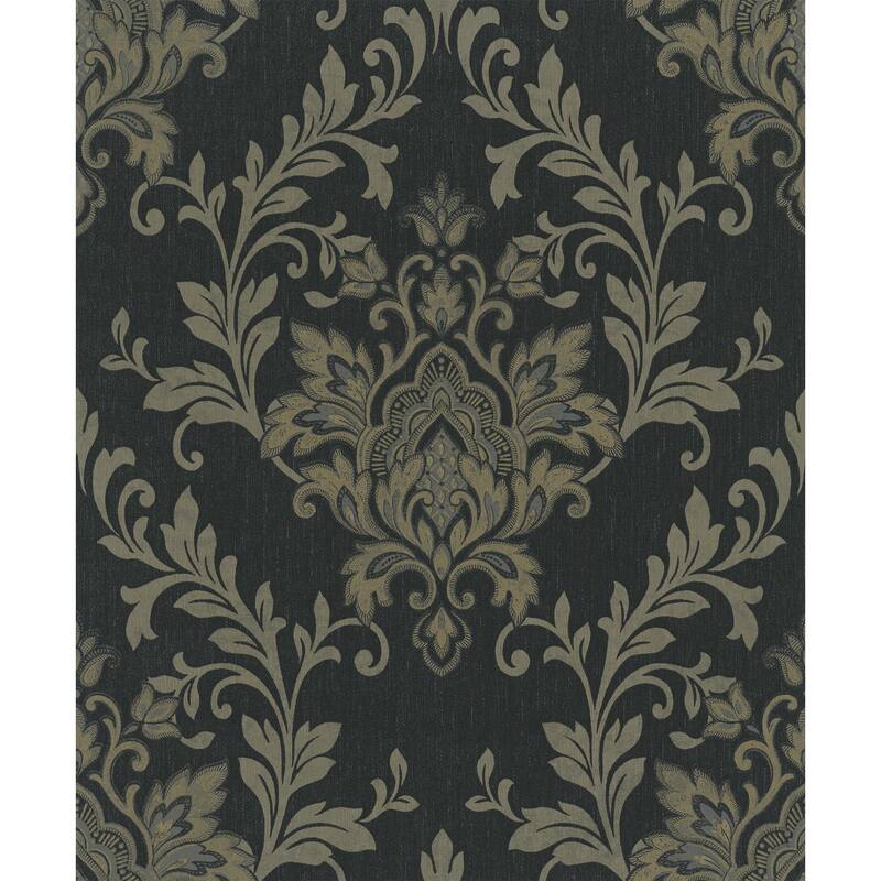 Galerie Wallcoverings Serene Collection Metallic Ornamental Damask Vinyl on Non-woven Wallpaper Roll - 33 feet x 21 inches - Black