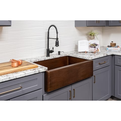33-in Antique Hammered Copper Kitchen Apron Single Basin Sink with Matching Drain, and Accessories (KSP3_KASB33229)