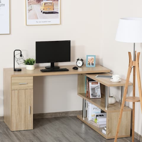 HOMCOM L-Shaped Rotating Computer Desk Home Office Study Workstation with Storage Shelves, Cabinet and Drawer for Home & Office