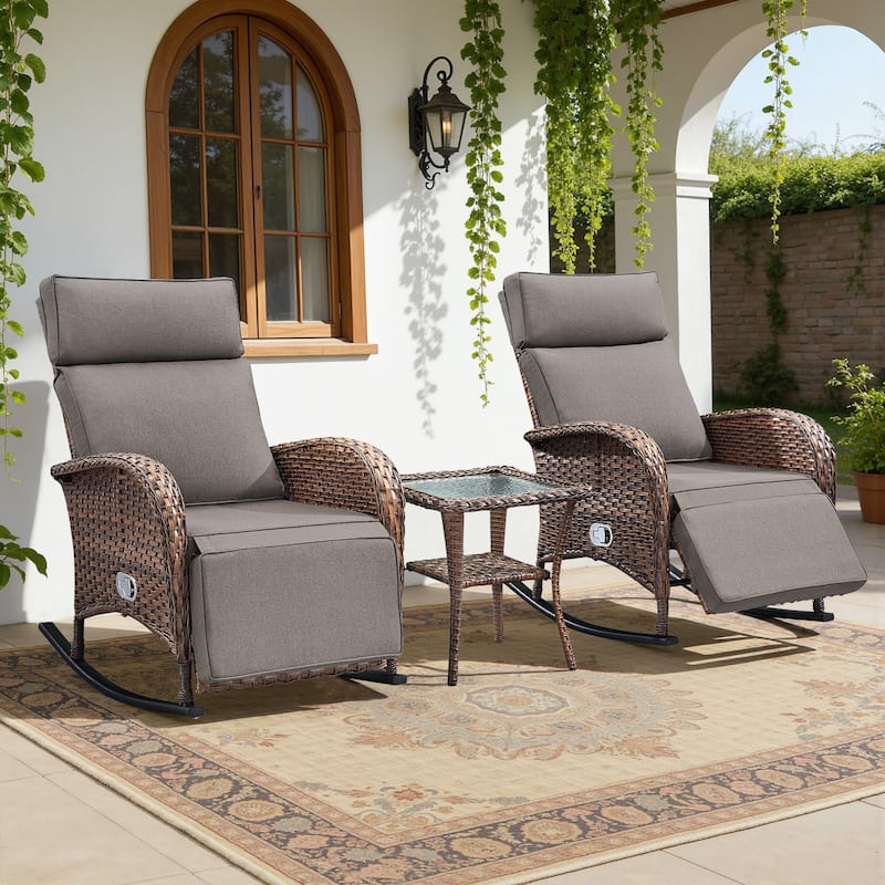Meyreso Wicker Rocking Reclining Chaise Lounge with Adjustable Backrest & Footrest - Gray/3-Piece