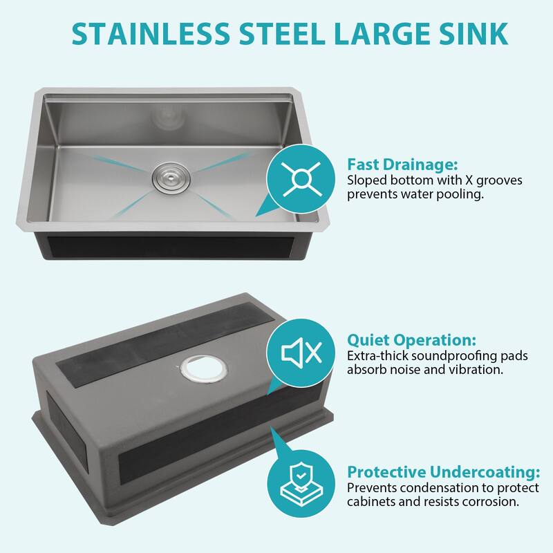 30" Undermount 16 Gauge Single Bowl Stainless Steel Smart Digital Kitchen Sink in Brushed Nickel - 30'' x 19'' x 9''