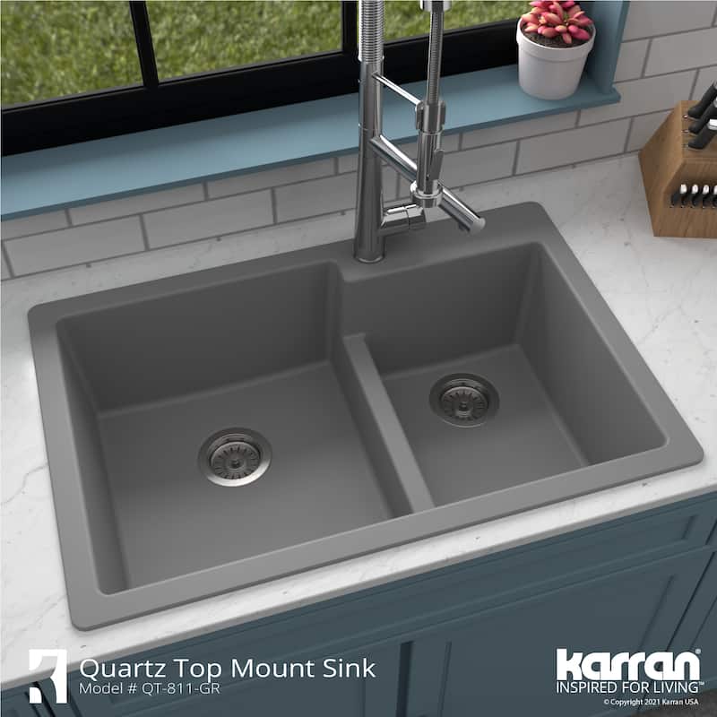 Karran 33" Top Mount Large/Small Bowl Quartz Kitchen Sink Kit - 33" x 22" x 9"