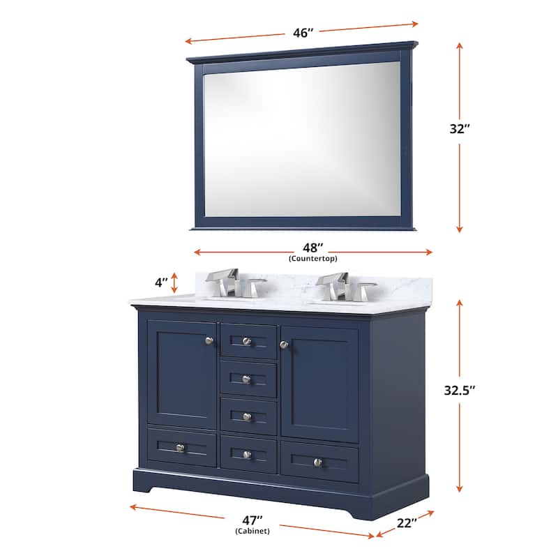 Dukes 48 in. W x 22 in. D Navy Blue Double Bath Vanity, Carrara Marble Top, Faucet Set, and 46 in. Mirror