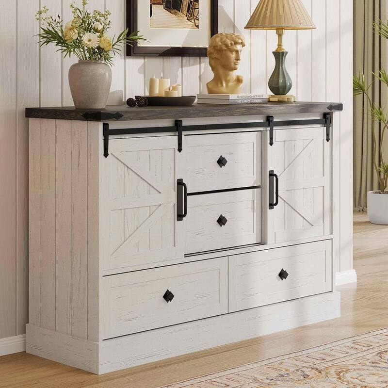 Farmhouse 4 Drawer Dresser for Bedroom 45" Wood Dressers with Sliding Barn Doors TV Stand - White