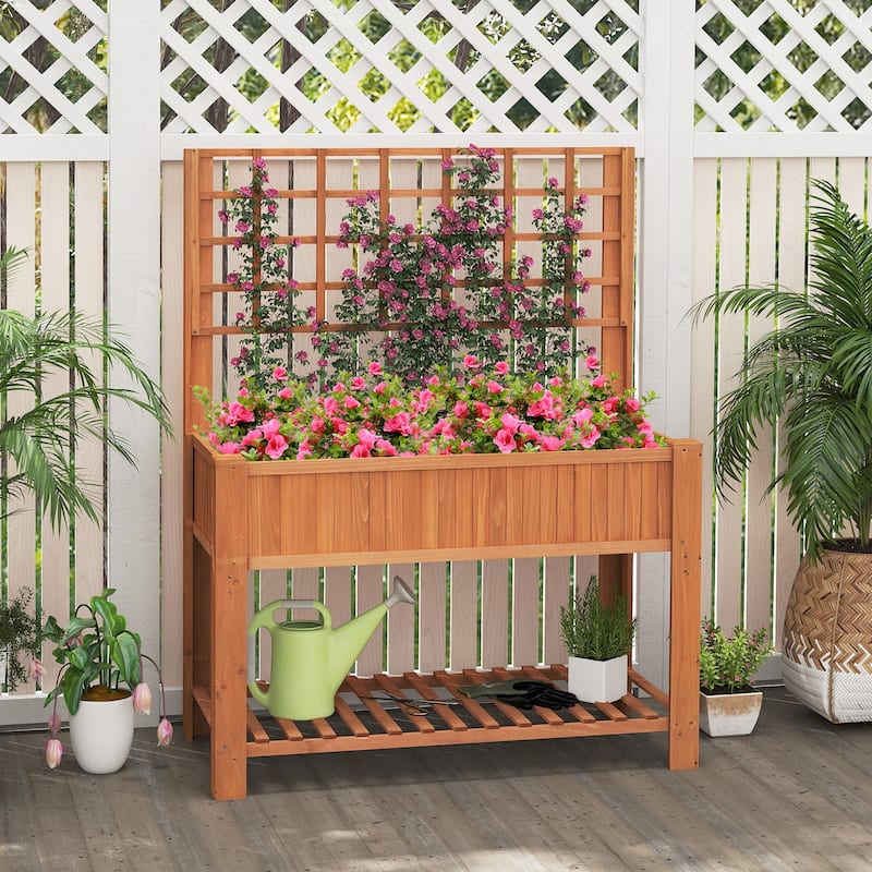 Gymax Raised Garden Bed w/ Trellis Wooden Elevated Planter Box w/ Legs