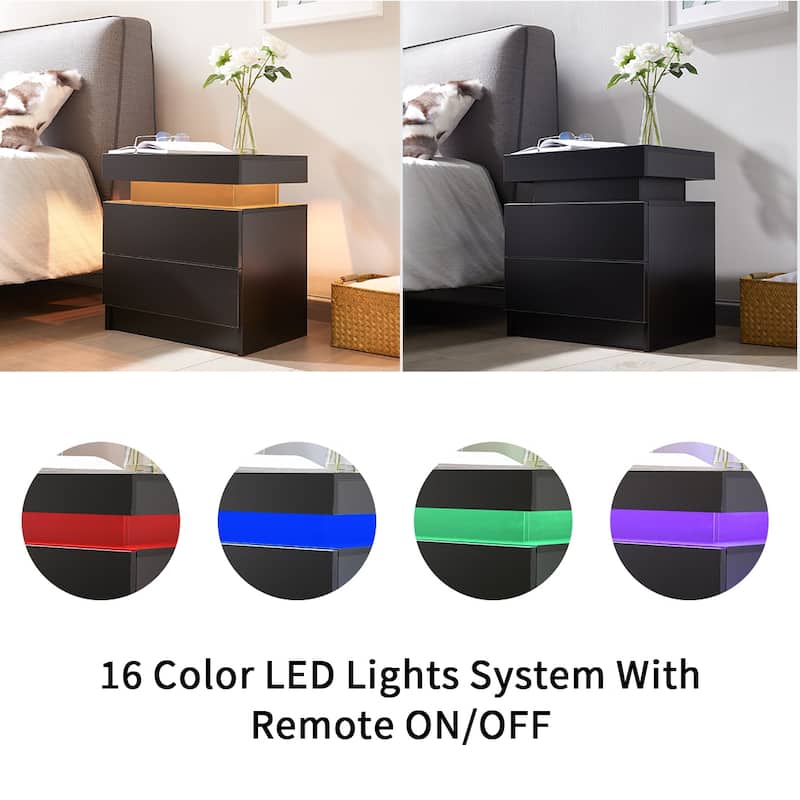 Nightstand with Adjustable LED Lights, Sofa Side Table with Open Shelves & 2 Drawers, Multi-functiona Wooden Coffee Table
