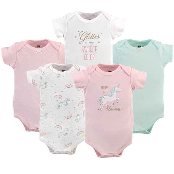 slide 1 of 1, Hudson Baby Infant Girl Cotton Bodysuits 5pk, Glitter Unicorn 0-3 Months - Glitter Unicorn