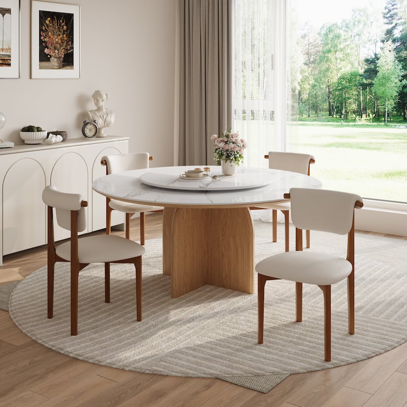 Modern Not Assembled Need Faux Leather Dining chairs, Beige, Solid Wood legs, Mid Century Kitchen Chairs for Diningroom
