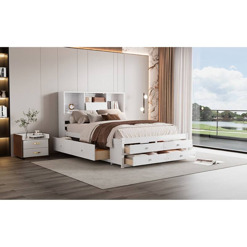 Roomfitters Queen/King Platform Bed with Storage Headboard and 8 Drawers, Solid Wood