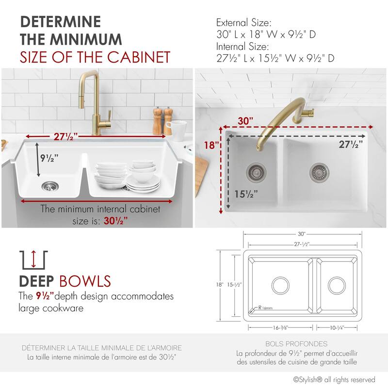 Composite Granite Dual-Mount 30" Double-Bowl kitchen Sink - 30" x 18" x 9.50"