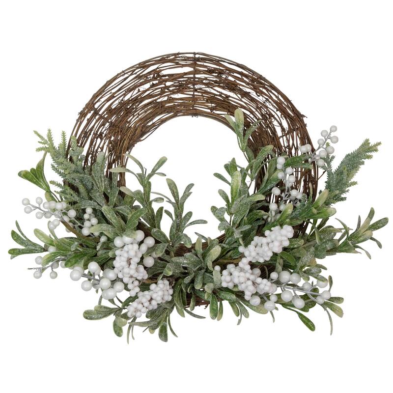 Artificial Christmas Twig Wreath with Frosted Foliage and Berries 24-Inch Unlit - 24"