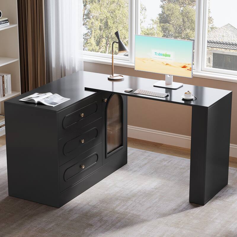 Modern 360° Rotatable Computer Desk, Executive Desk with 3 Drawers