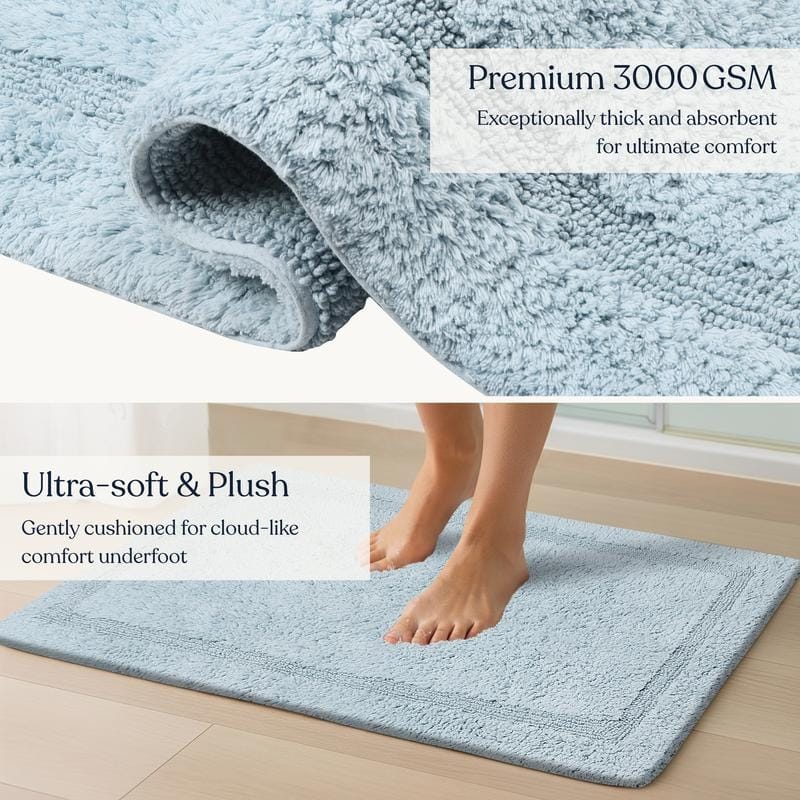 Delara Organic Cotton Reversible Bath Mat, 3000 GSM, GOTS Certified, Ultra-Thick & Super Absorbent, Quick-Drying Bathroom Rug
