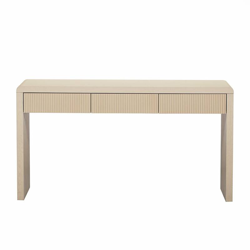 Console Table with 3 Fluted Drawers - Solid Wood Veneer Entryway Table Featuring Natural Wood Grain for Living Room, Hallway