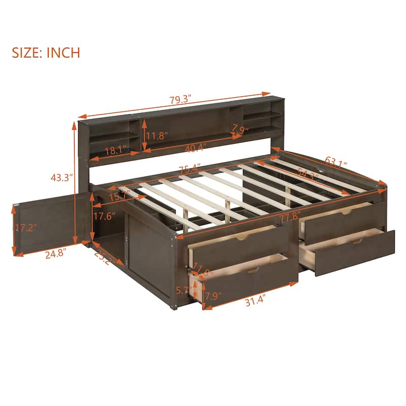 Full Size Wood Daybed with 2 Bedside Cabinets, Upper Shelves and 4 Drawers