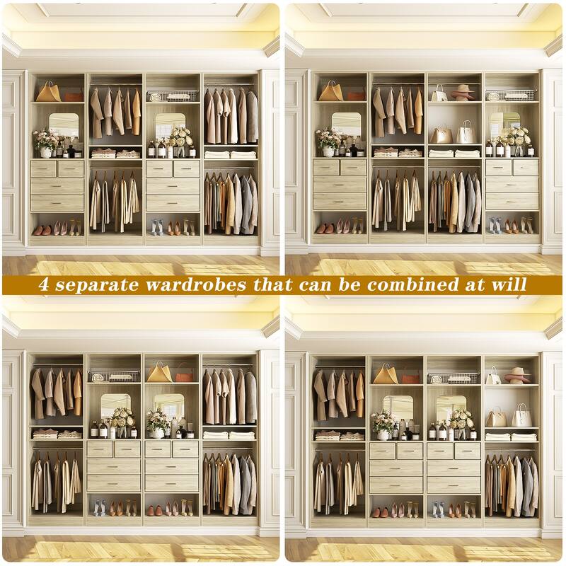 Set of 4 Closet System with 4 Drawer and Hanging Rods, Freestanding Closet Organizer with Storage Shelves