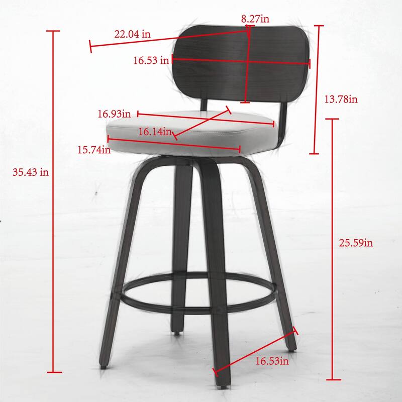 Swivel Bar Stools Set of 2, 26" Upholstered Faux Leather Counter Height Barstools with Walnut Back & Bentwood Legs