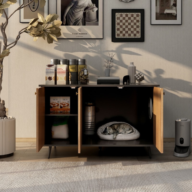 Cat Litter Box with Hidden Plug 3 Doors Bench Side Table Cat House