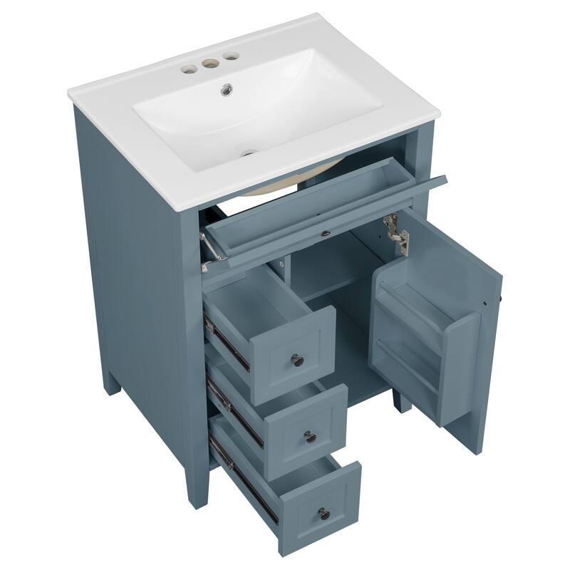 24" Gray Blue Bathroom Vanity with Sink, MDF & Rubberwood Construction, 3 Drawers & Cabinet with Adjustable Shelves