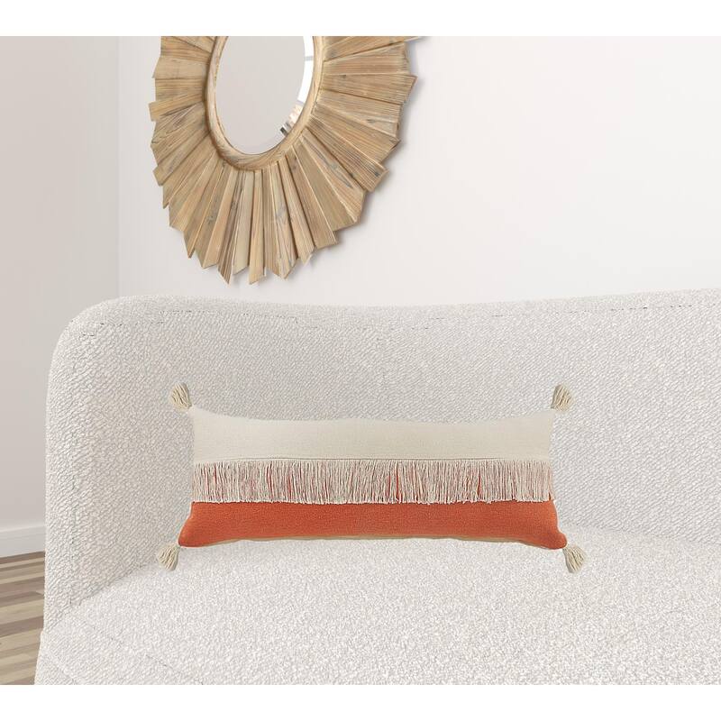 HomeRoots 14" X 36" Orange And Off-White 100% Cotton Zippered Pillow