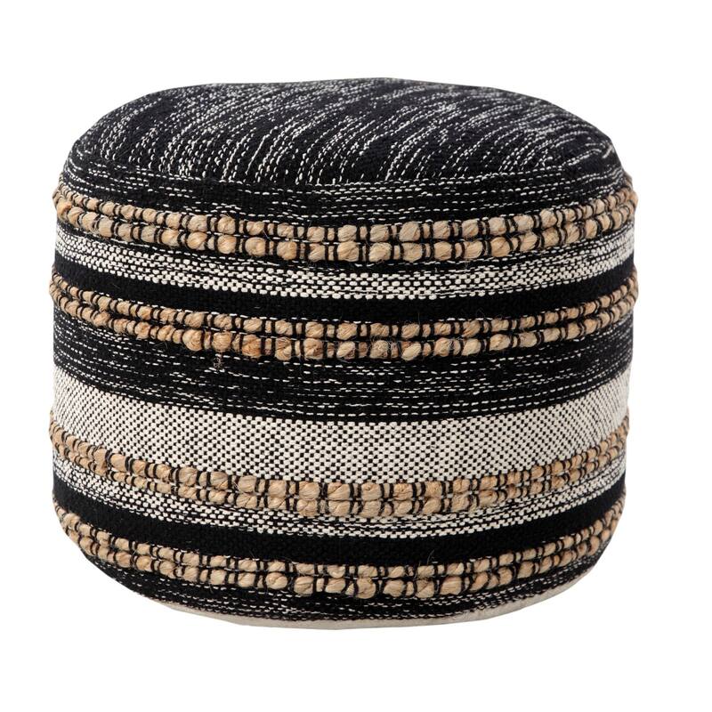 18" Black and White Boho Striped Handcrafted Round Pouf Ottoman