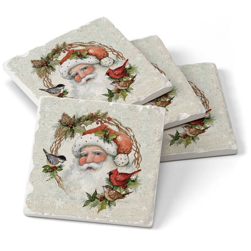 Absorbent Stone Beverage Coasters - Set of 4 - - Winter Forest Santa - Multi-63