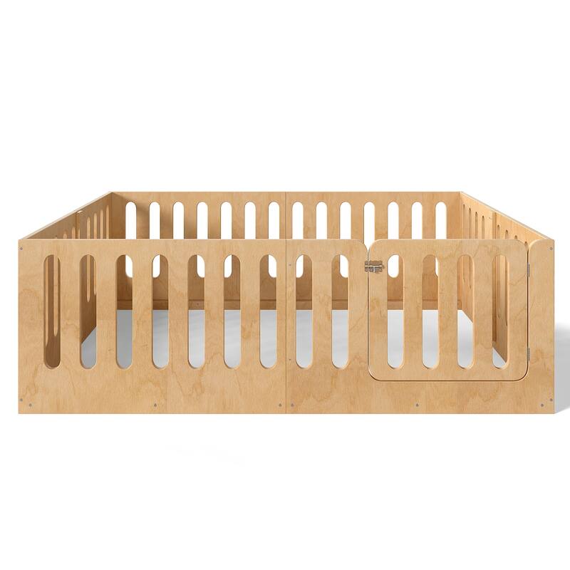 Queen Size Floor Bed with High Fence for Kids, Solid Wood Kids Montessori Bed with Door, No Box Spring Needed Design