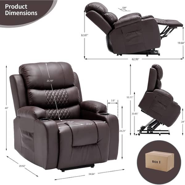 dimension image slide 4 of 7, Oversized Power Lift Recliner Chair with Massage & Heat, PU Leather, USB Port, Cup Holders & Pockets