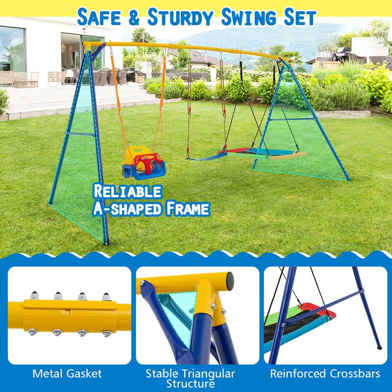 Gymax 3-in-1 Kids Swing Set 660 LBS Carbon Steel Swing Frame w/ Belt
