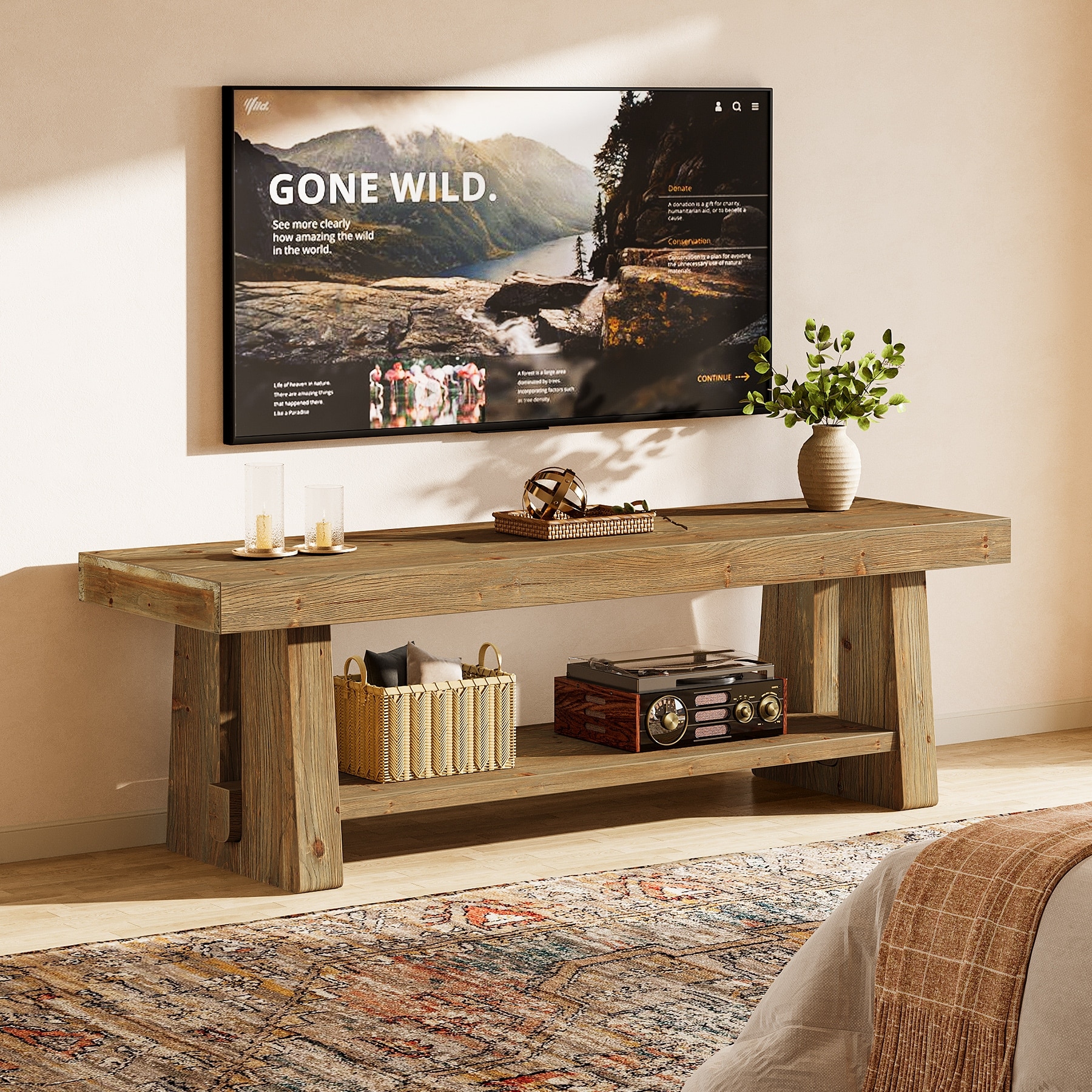 2-Tier Solid Wood TV Stand with Storage Shelves, Entertainment Center Television Console for 75-Inch TVs Living Room Bedroom