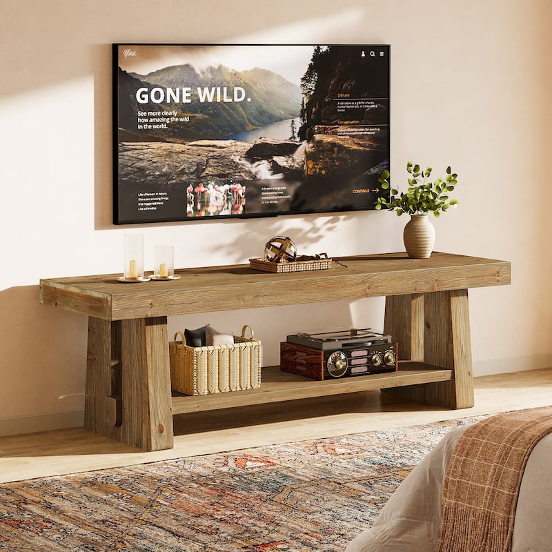 63-Inch Farmhouse TV Stand, 2-Tier Solid Wood Entertainment Center