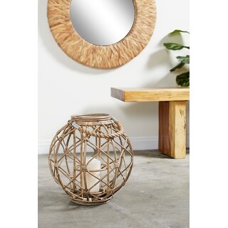 Large Round Rustic Brown Woven Rattan Lantern with Burlap Jute Rope ...