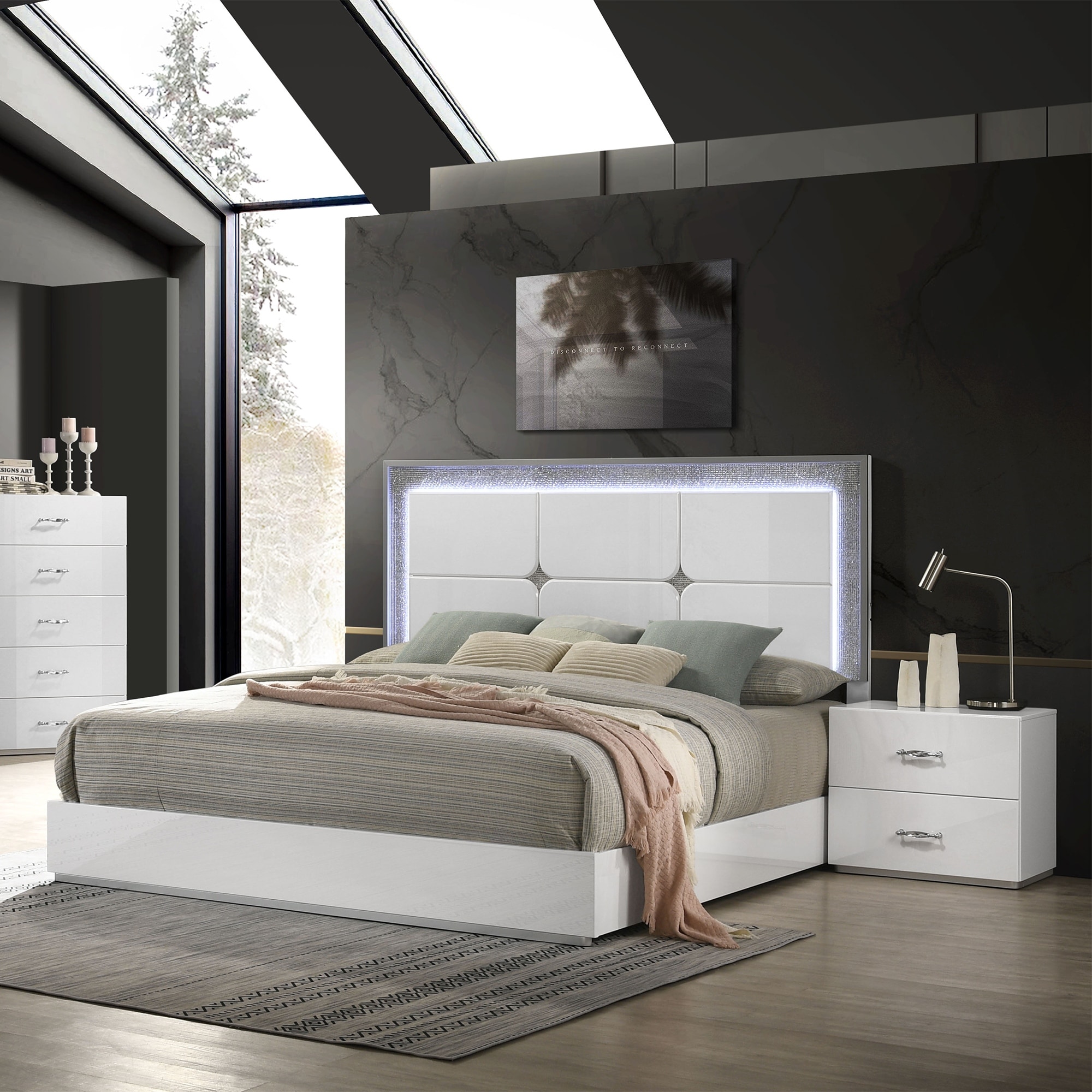 Luxurious LED Silver Rhinestone Trim on Headboard & Beveled Bed Platform Bed