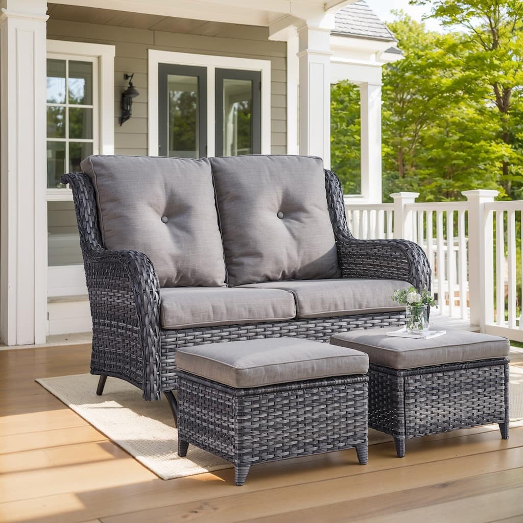 Outdoor Glider Loveseat Sofa with Ottoman - Grey cushion
