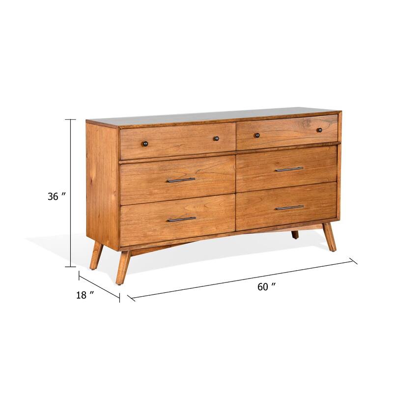 Amy 60 Inch Wide Dresser, 6 Drawers, Angled Legs, Brown Solid Wood