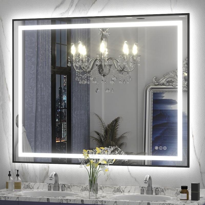 Black Metal Framed LED Front Light and Backlit Anti-Fog Wall Bathroom/ Vanity Mirror - 48" x 38"-Square Corner - Black