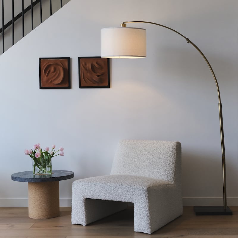 Brightech Logan 76 in. Antique Brass Modern Adjustable and Extendable LED Floor Lamp with White Fabric Drum Shade