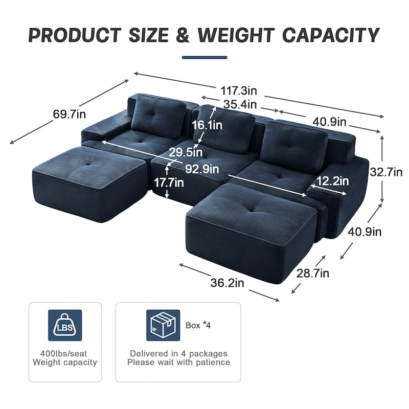 Modern U-Shaped Corduroy Sectional Sofa Couch with Removable Ottoman