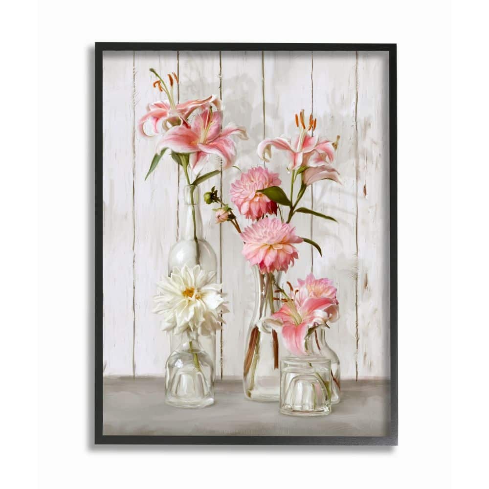 Stupell Spring Pink Florals in Glass Jars Feminine Rustic Flowers Framed Wall Art