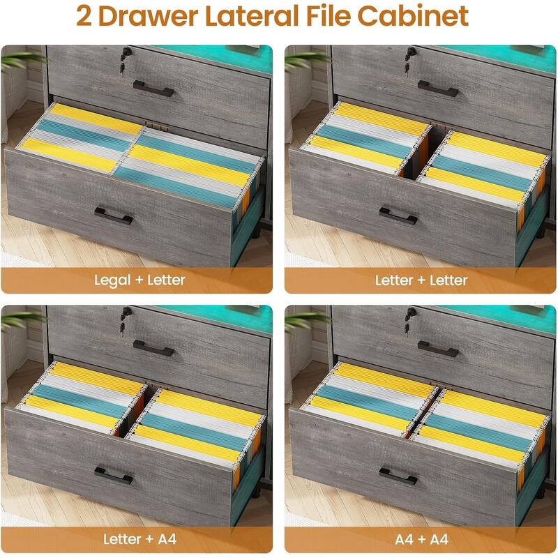 59" LED File Cabinet 2 Drawers Filing Cabinets Legal/Letter/A4 File
