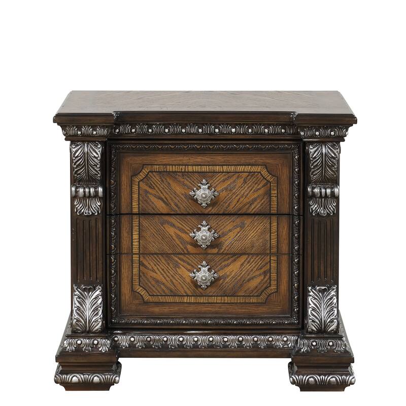 Transitional Nightstand with USB Port - Espresso Finish & Ornate Silver Brushed Molding