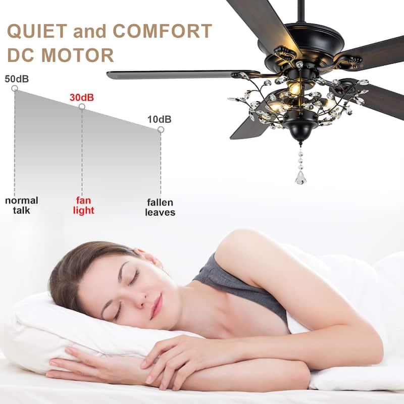 Bella Depot 52-inch Modern Crystal Ceiling Fan with Light Kit and Remote, 6-Speed Reversible Fandelier - 52"