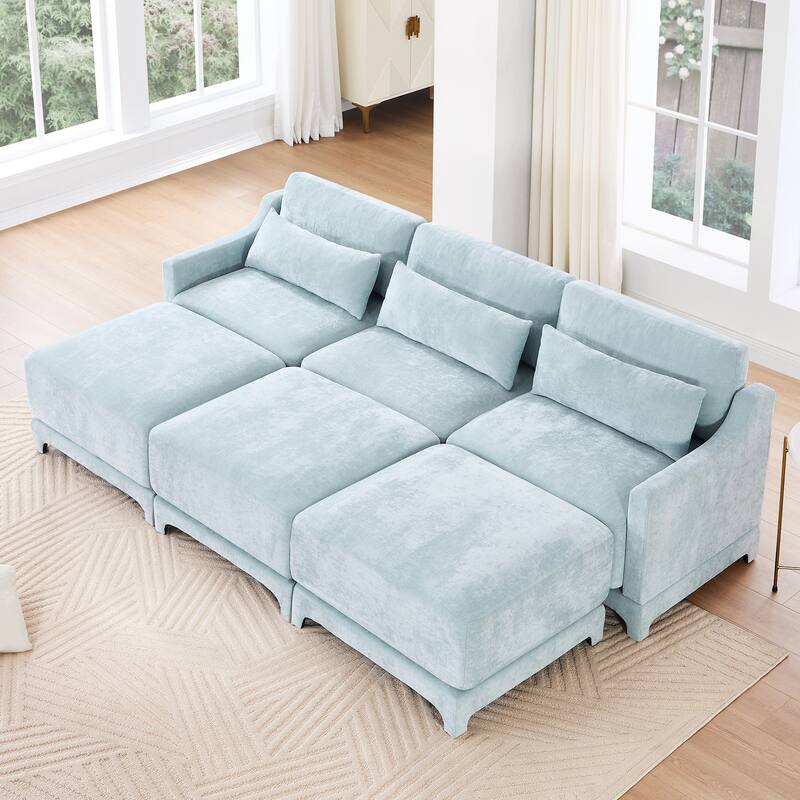 Modern Chenille 4-Seater Sofa with 2 Ottoman, Lumbar Cushions, Ergonomic Backrest, High-Resilience Spongeand Tufted Armrests