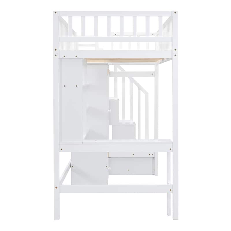 White Twin Loft Bed with Bookshelf, Drawers, Desk & Wardrobe - Space-Saving Study & Storage Solution