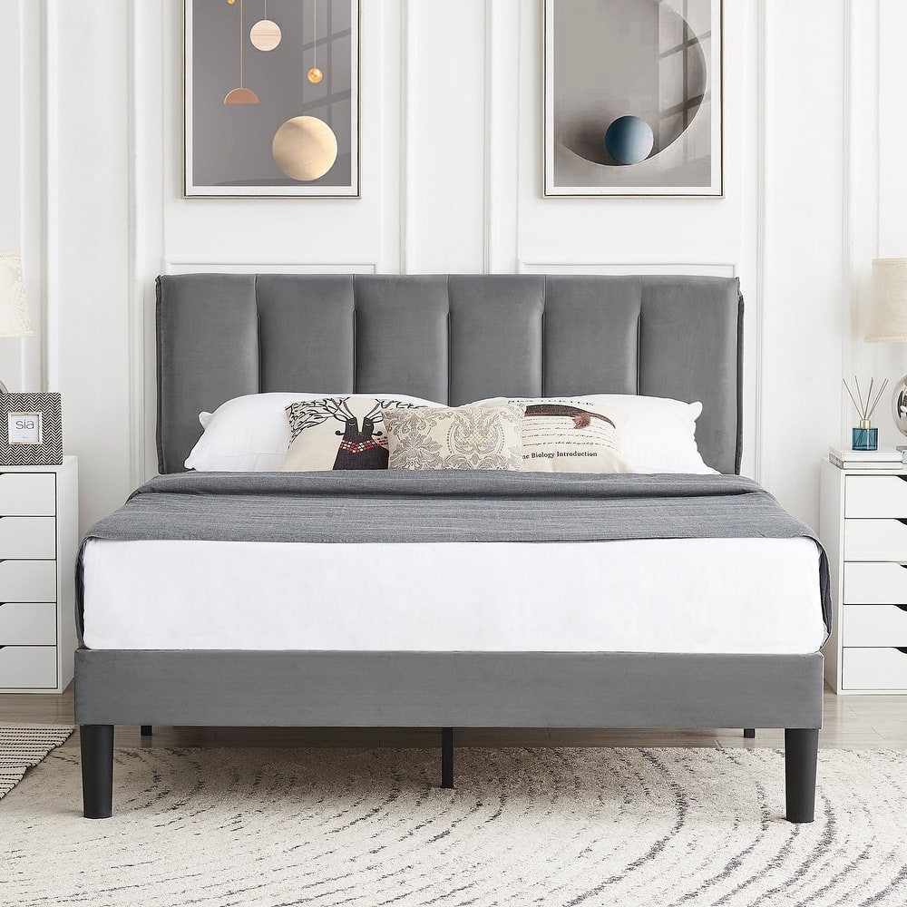 Javlergo Velvet Upholstered Platform Bed Frame with Adjustable Headboard 7.9 Inch Underbed Storage Bed Frame for Small Spaces