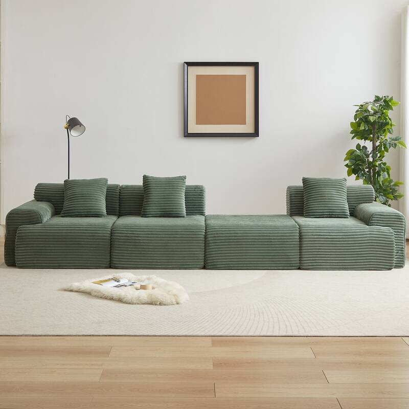 Inlaid Structural Sleeper Sectional Sofa Bed with Ottoman, Corduroy Modular Boneless Couch with Wider Armrests and Backrests