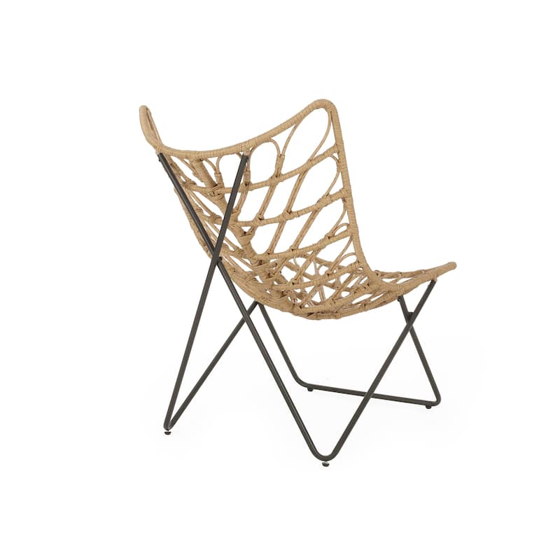 Fordy Outdoor Chair Set of 2, Curved Seat, Brown Rattan, Black Metal