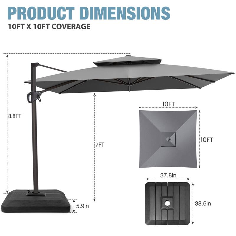 VredHom Patio Outdoor 11 x 11 FT Cantilever-Offset Aluminum Umbrella with Premium Weight Base