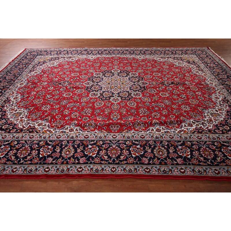 Floral Red Kashan Turkish Rug Dining Room Machine-Made Carpet - 9'7" x 12'9"