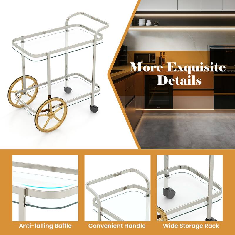 Gymax 2-Tier Serving Cart w/ Tempered Glass Shelves 2 Large Aluminum